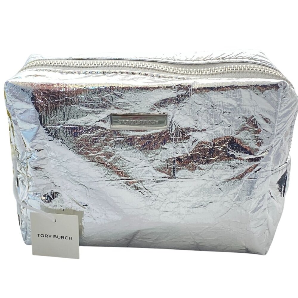 Tory Burch Silver Metallic Cosmetic Bag With Zipper Closure Chic & Spacious 7" X